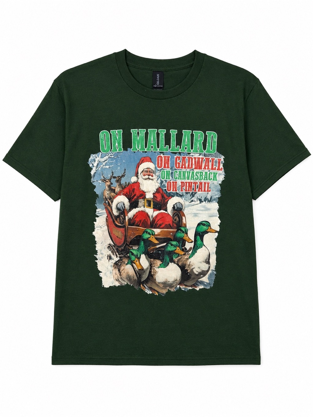 Gildan Heavy Cotton XL Mallard Duck Santa Christmas Graphic T-Shirt Green NWT